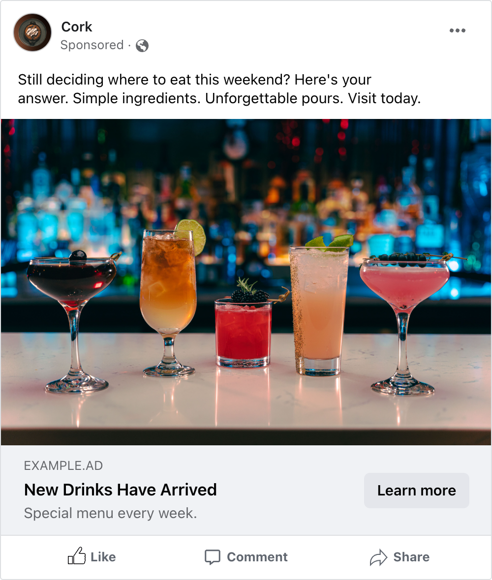 Facebook feed ad mockup showing colorful cocktails on a marble bar